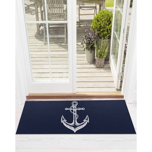 Coastal Anchor Front Door Mat Nautical Knot Dark Blue Welcome Doormat Indoor Outdoor Entrance Floor Mat Non-Slip Washable Runner Rug for Front Porch Decor 24x71 Inch