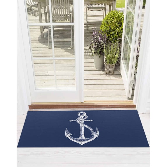 Coastal Anchor Front Door Mat Nautical Knot Navy Blue Welcome Doormat Indoor Outdoor Entrance Floor Mat Non-Slip Washable Runner Rug for Front Porch Decor 16x47 Inch