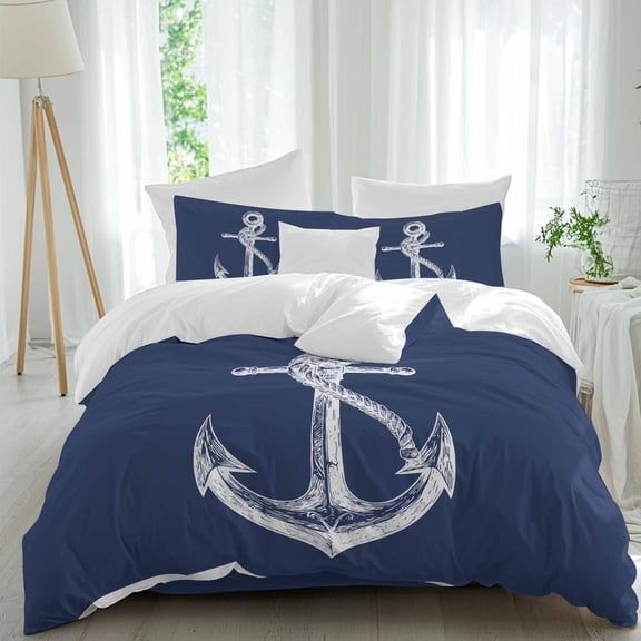 Coastal Anchor Full Size Comforter Set, Nautical Knot Navy Blue Bedding for All Seasons, 4 Pcs Bed Set, 1Quiltcover (86"x86") ,1Sheet(80"x116"), 2Pillowcases (30"x20")