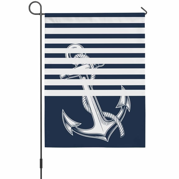 Coastal Anchor Garden Flag 12 x 18 Inches, Seafaring Navy Blue Nautical Anchorage White Stripes Weather Proof Outdoor Patio Flags Double Sided Small Garden Decoration for Yard Outside Home