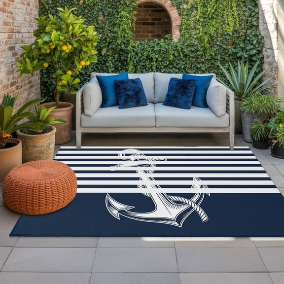 Coastal Anchor Indoor Outdoor Rugs 4x6 Ft, Seafaring Navy Blue Nautical Anchorage White Stripes Outdoor Patio Rugs Mat Washable Outside Area Rugs Carpet for Porch Deck RV Camping Balcony Backyard