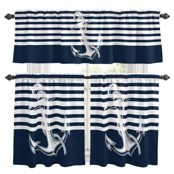 Coastal Anchor Kitchen Curtains and Valances Set, Seafaring Navy Blue Nautical Anchorage White Stripes Rod Pocket Window Valance Window Curtain Panels for Bedroom Laundry, 27.5x36in, 3 Pieces
