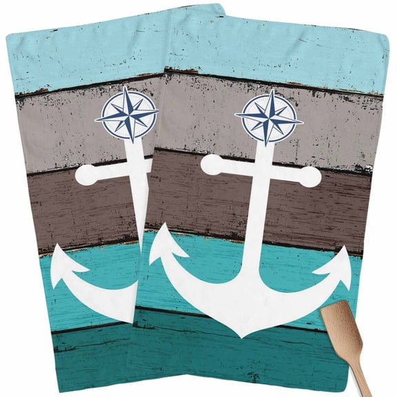 Coastal Anchor Kitchen Towel Dish Cloths Set of 2, Microfiber Soft Kitchen Hand Towels, Turquoise Brown Country Wooden Grain Absorbent Quick Drying Dishcloths 18 x 28 Inches
