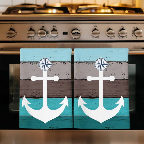 Coastal Anchor Kitchen Towels Set of 1, Turquoise Brown Country Wooden Grain Absorbent Dish Towels for Kitchen, Microfiber Hand Towel, Quick Drying Tea Towel for Cleaning Decorative Dishcloths