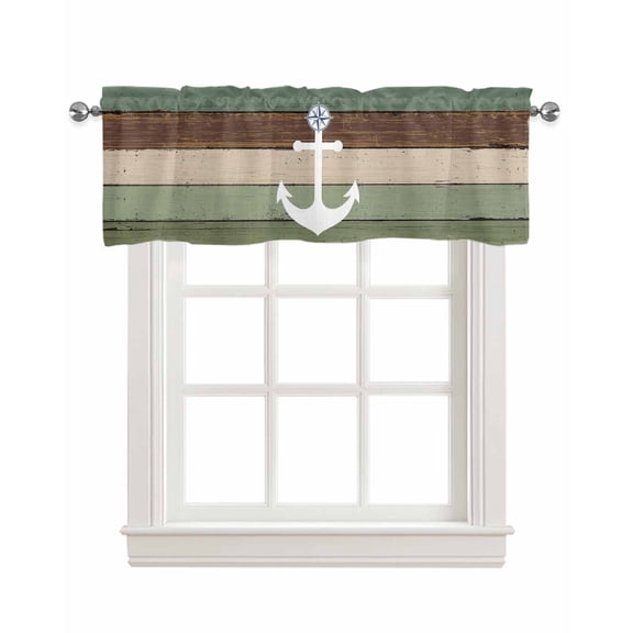 Coastal Anchor Kitchen Valances for Windows Farmhouse Linen Window Valance Curtain for Living Room Window Treatment Sage Green Brown Retro Wooden Grain Valance Rod Pocket Topper Drape, 60 x 18 Inch