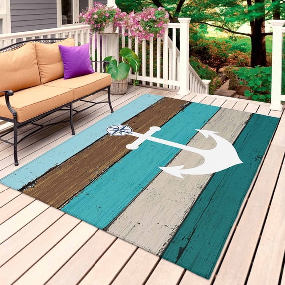 Coastal Anchor Outdoor Rug 6x9 Ft, Non Slip Washable Area Rug, Turquoise Brown Ombre Rustic Wooden Grain Patio Rugs Carpet Runner, Large Floor Mat for Indoor/Outdoor Deck Porch Camping