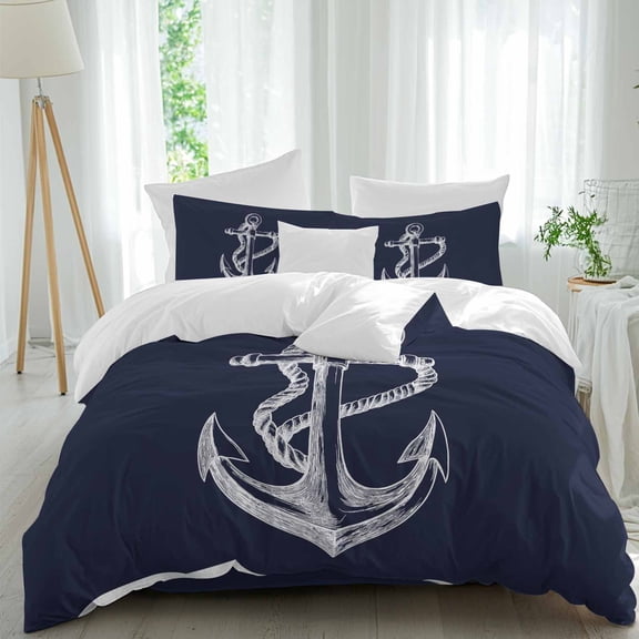 Coastal Anchor Queen Size Comforter Set, Nautical Knot Dark Blue Minimalist Bedding for All Seasons, 4 Pcs Bed Set, 1Quiltcover (90"x92") ,1Sheet(94"x116"), 2Pillowcases (30"x20")