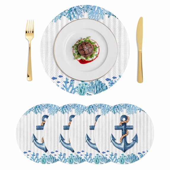 Coastal Anchor Round 15 Inch Placemats Set of 4, Blue Marine Coral Starfish Fish Gray Stripes HeatResistant Non Slip Place Mats for Dining Table, Wipeable Braided Kitchen Table Mats for Housewarming