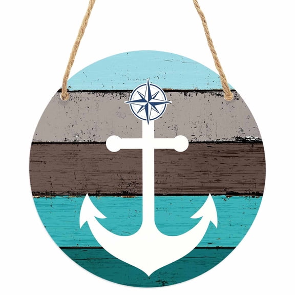 Coastal Anchor Round Front Door Welcome Sign, 5.9 Inch Wall Hanging Decor for Indoor Outdoor, Turquoise Brown Country Wooden Grain Home Porch Hanger Decorations for Holiday Gift