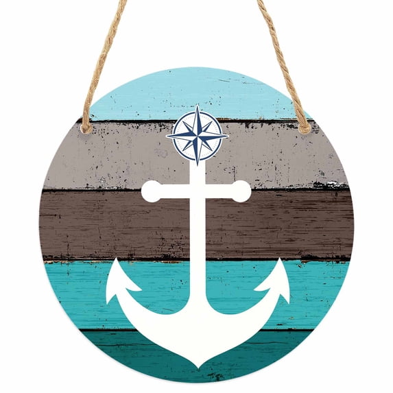 Coastal Anchor Round Front Door Welcome Sign, 7.8 Inch Wall Hanging Decor for Indoor Outdoor, Turquoise Brown Country Wooden Grain Home Porch Hanger Decorations for Holiday Gift