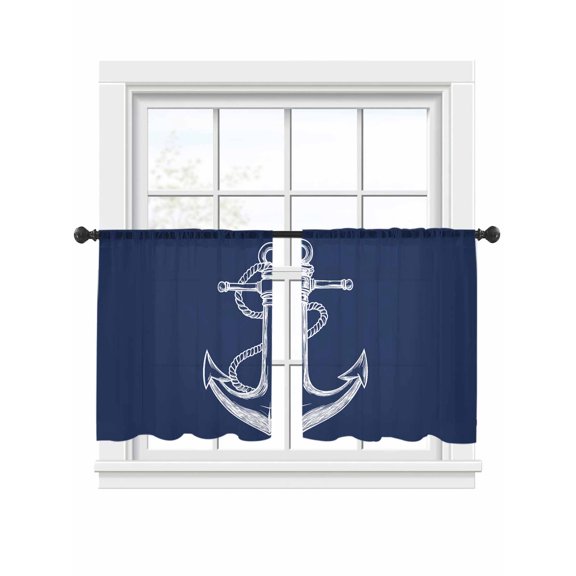 Coastal Anchor Sheer Curtains 45 Inch Long 2 Panels, Nautical Knot Navy Blue Minimalist Light Filtering Rod Pocket Curtains, Sheer Voile Drapes for Living Room Bedroom, 52"x45"