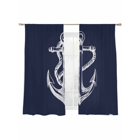 Coastal Anchor Sheer Curtains 72 Inch Long 2 Panels, Nautical Knot Dark Blue Minimalist Light Filtering Rod Pocket Curtains, Sheer Voile Drapes for Living Room Bedroom, 52"x72"