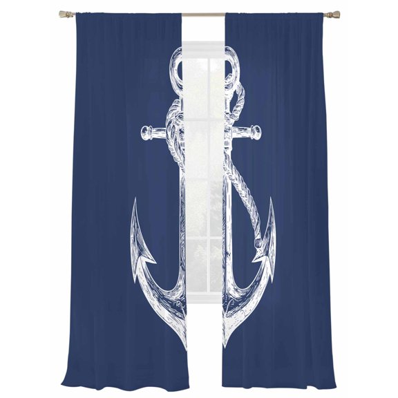 Coastal Anchor Sheer Curtains 84 Inch Long 2 Panels, Nautical Knot Navy Blue Light Filtering Rod Pocket Curtains, Sheer Voile Drapes for Living Room Bedroom, 52"x84"