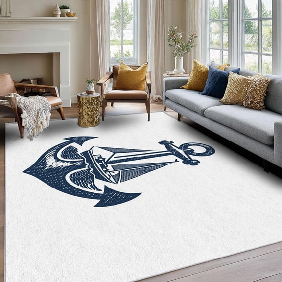 Coastal Anchor Ship Area Rug, Nautical Ocean Pattern Carpet, Washable Non Slip Low Pile Soft Thin, Living Room Bedroom Entryway Home Decor Mat 2x3ft(Small)