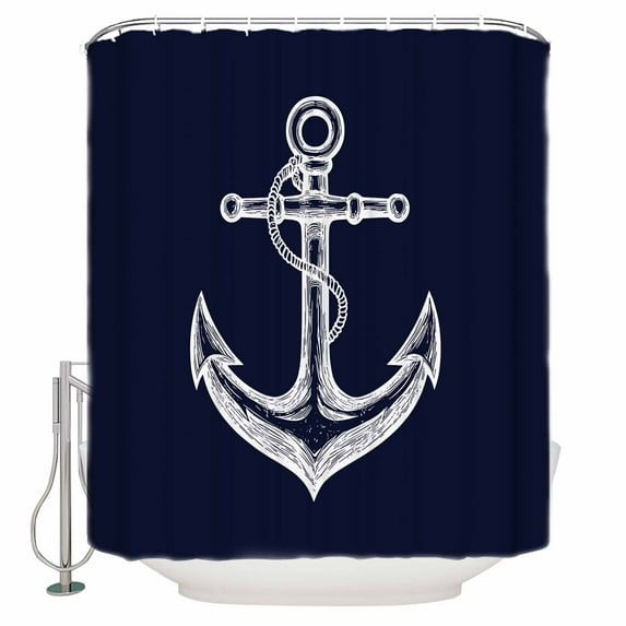 Coastal Anchor Shower Curtain, 66" x 72", Nautical Knot Dark Blue Waterproof Bathroom Curtain Washable Shower Curtain Set with 12 Hooks