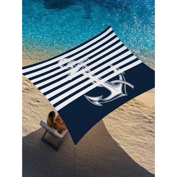 Coastal Anchor Sun Shade Sail 6.5' x 10', Seafaring Navy Blue Nautical Anchorage White Stripes Rectangle Outdoor Sunshade Canopy, Waterproof UV Block Patio Covers for Garden Yard Beach