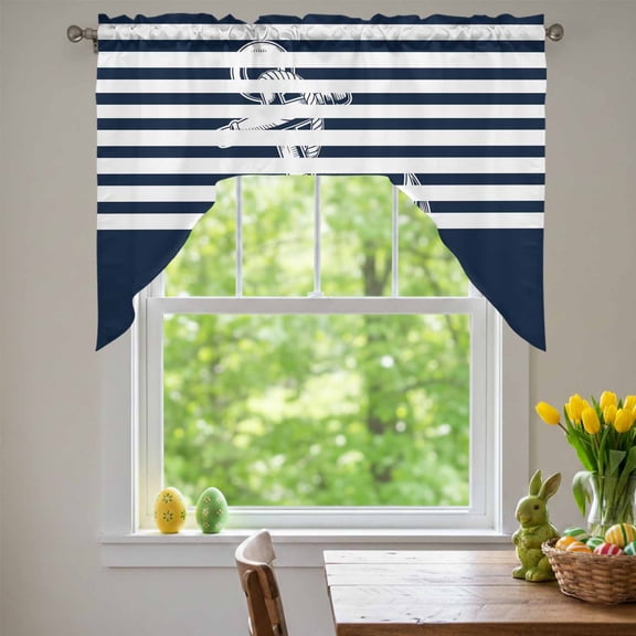 Coastal Anchor Swag Valances for Kitchen Window, Seafaring Navy Blue Nautical Anchorage White Stripes Small Swag Valances Rod Pocket Curtain Drapes Window Treatment for Bedroom Bathroom, 56x36 Inch
