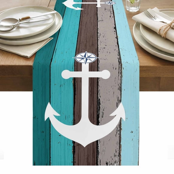 Coastal Anchor Table Runner - 120 Inch Long, Kitchen Dining Table Runner Dresser Scarves, Turquoise Brown Country Wooden Grain Farmhouse Decor for Coffee Tables Wedding Party Banquet