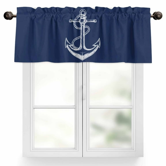 Coastal Anchor Valances for Windows, 42 x 18in, Nautical Knot Navy Blue Minimalist Rod Pocket Kitchen Valance Curtain Light Filtering Window Treatments for Living Room Bedroom, 1 Panel