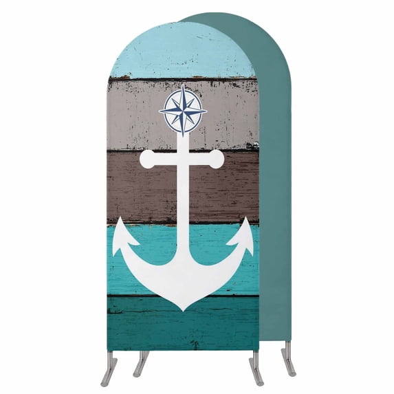 Coastal Anchor Wedding Arch Cover, Stretchy Spandex Arch Backdrop Stand Covers 4 FT, Turquoise Brown Country Wooden Grain Round Top Arched Backdrop Cover for Birthday Party Ceremony Baby Shower Event