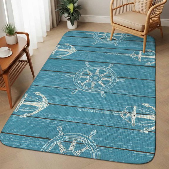 Coastal Anchors Washable Area Rugs for Living Room Bedroom, Large Non Slip Indoor Floor Carpet Absorbent Low Pile Blue Nautical Ship Farmhouse Ocean Wood Door Mat Rugs for Bathroom Entryway 63"x78.7"