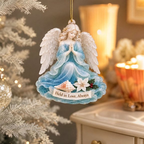 Coastal Angel Ornament, 2D Acrylic Hanging Decoration in Beach Theme Pastel Palette for Christmas Tree, 3.15 Inch - Seashell Angel