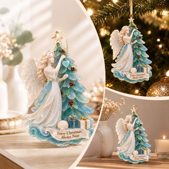 Coastal Angel Ornament, 2D Acrylic Hanging Decoration in Beach Theme Pastel Palette for Christmas Tree, 3.15 Inch - Tree Angel