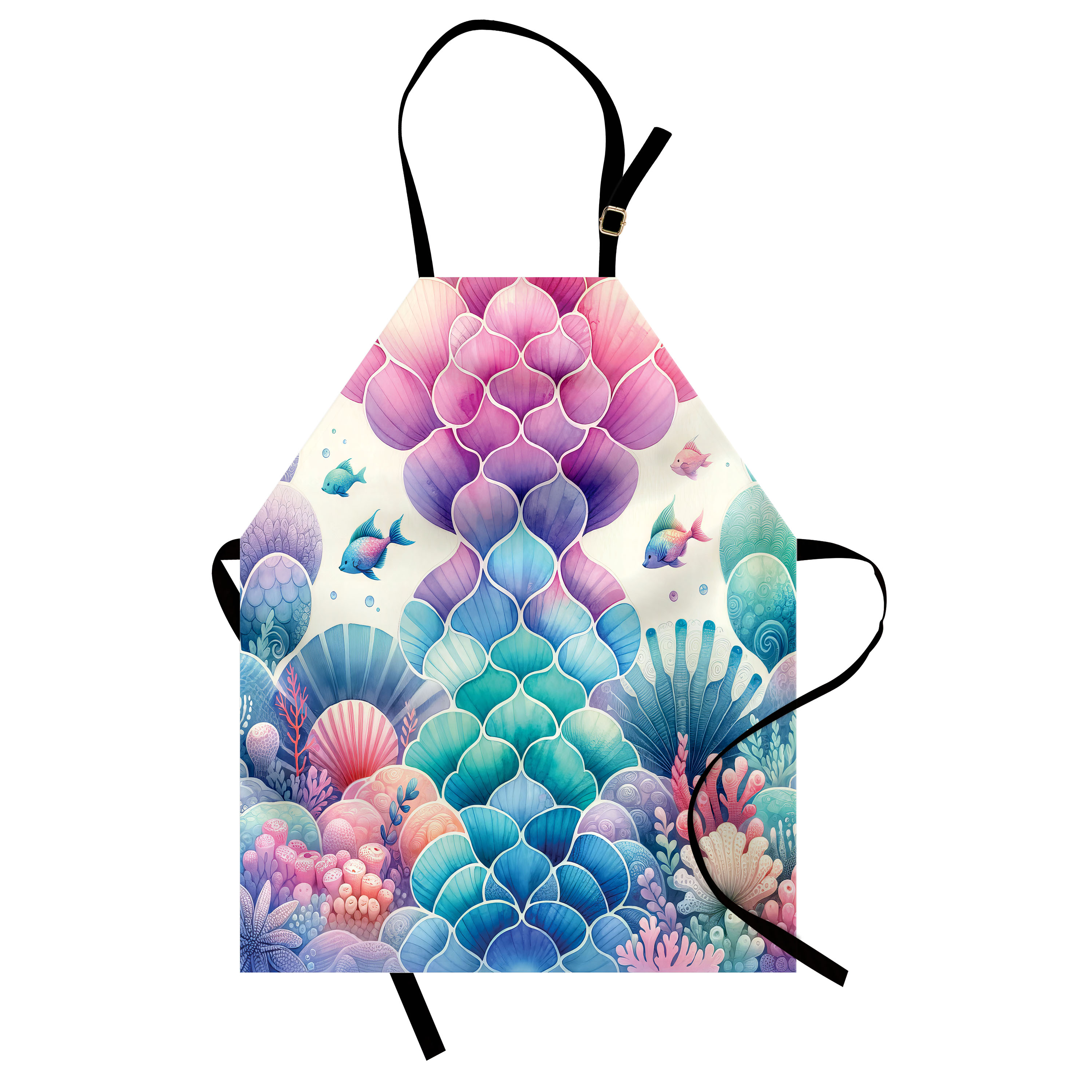 Shell Apron Coastal Apron, Colorful Watercolor Nautical Art Mermaid Tail Style Fish ...