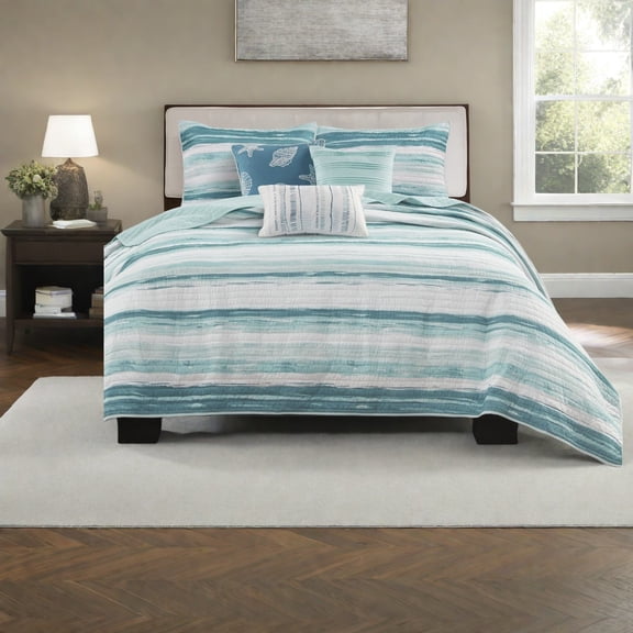 Coastal Aqua Bedding Sets 6Piece Cotton Quilt Set with Decorative Pillows