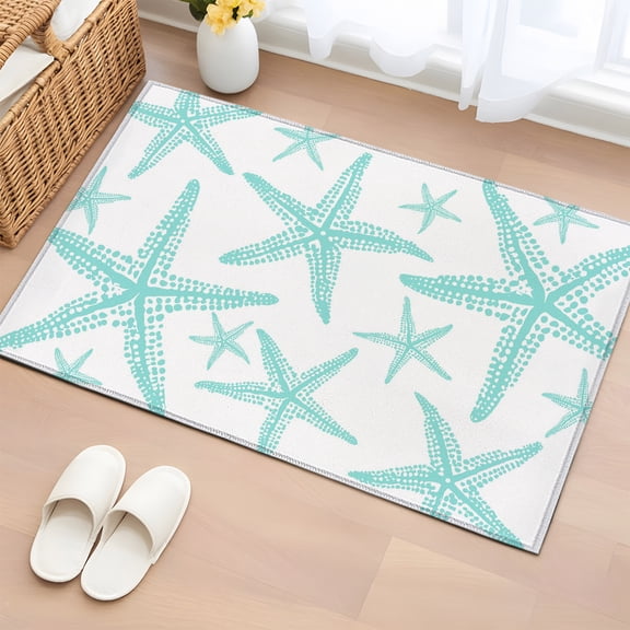 Coastal Aqua Starfish 2'x3' Rug for Entryway Front Door Kitchen Sink Area, Nautical Minimalist Ocean Summer Low Pile Washable Non Slip Rectangle Area Rug
