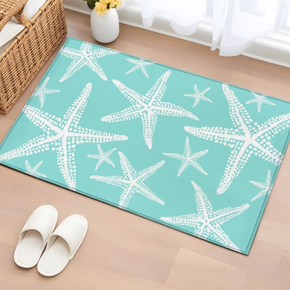Coastal Aqua Starfish 2'x3' Rug for Entryway Front Door Kitchen Sink Area, Nautical Ocean Summer Minimalist Sea Low Pile Washable Non Slip Rectangle Area Rug