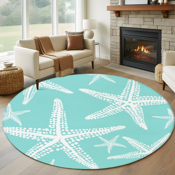 Coastal Aqua Starfish 8' Round Rug for Open Concept Living Room Seating Zone, Nautical Ocean Summer Minimalist Sea Washable Non Slip Large Circle Area Rug