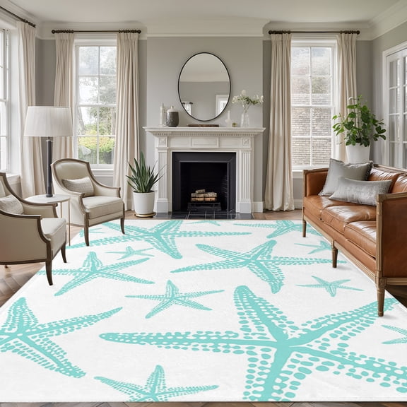 Coastal Aqua Starfish 8'x10' Large Area Rug for Living Room Sectional Sofa, Nautical Minimalist Ocean Summer Washable Non Slip Low Pile Rectangle Area Rug