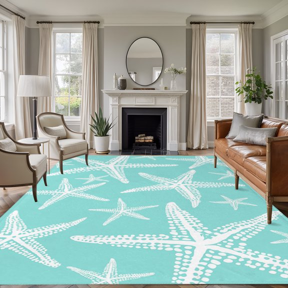 Coastal Aqua Starfish 8'x10' Large Area Rug for Living Room Sectional Sofa, Nautical Ocean Summer Minimalist Sea Washable Non Slip Low Pile Rectangle Area Rug