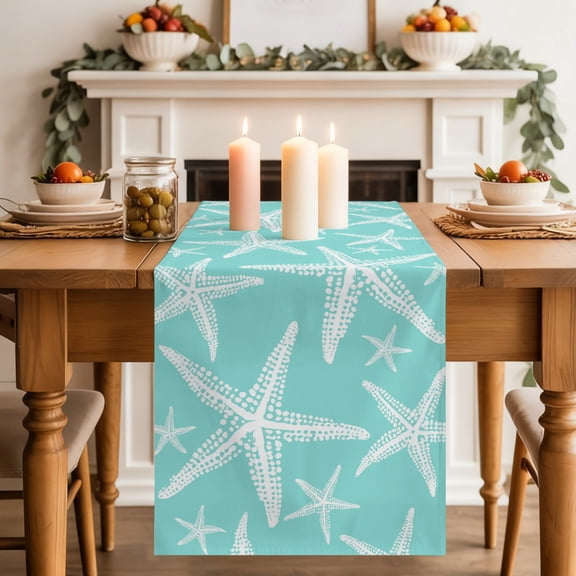 Coastal Aqua Starfish Dining Table Runner, Nautical Ocean Summer Minimalist Sea Washable Table Runners Kitchen Coffee Table Center Decor for Home Party Holiday Wedding 13 x 36 Inches