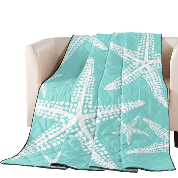 Coastal Aqua Starfish Quilted Comforters Cooling Blanket Queen Size, Nautical Ocean Summer Minimalist Sea Cold Comfort for Hot Sleepers Lightweight Air Conditioning Quilt Blanket for Bed