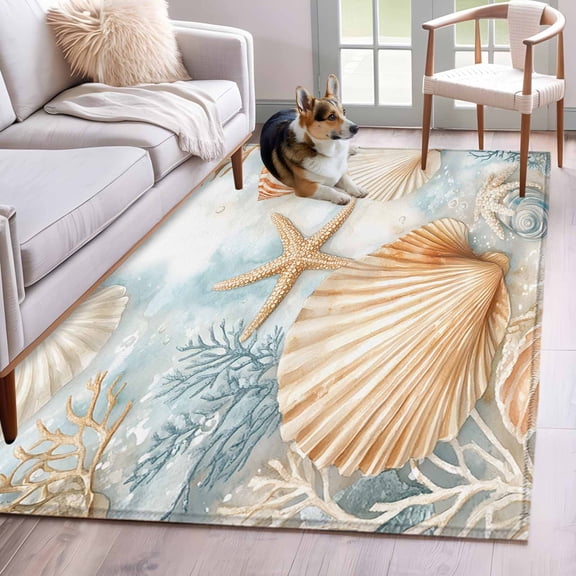 Coastal Area Rug 3x5 Washable Rug Non Slip Nautical Beach Shell Starfish Coral Ocean Large Area Rug Indoor Floor Carpet for Entryway Bedroom Kitchen Living Room Home Office Dining Room Nursery