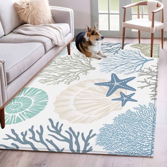 Coastal Area Rug 3x5 Washable Rug Non Slip Summer Beach Nautical Coral Starfish Large Area Rug Indoor Floor Carpet for Entryway Bedroom Kitchen Living Room Home Office Dining Room Nursery