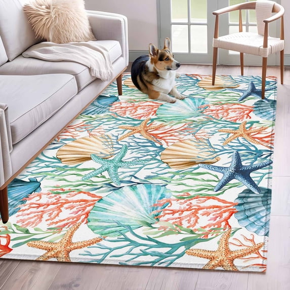 Coastal Area Rugs 4'x6', Washable Small Throw Rugs for Office Bathroom, Nautical Summer Beach Coral Starfish Shell Indoor Outdoor Rug Non-Slip Low Pile Carpet Runner Reversible Floor Mats