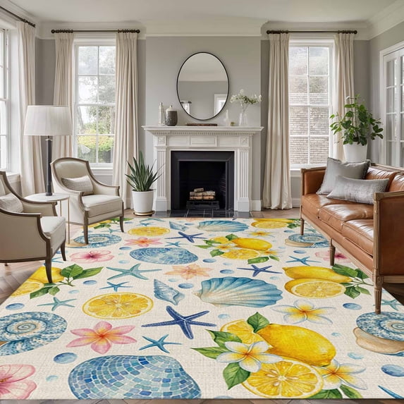 Coastal Area Rugs 5'x7', Washable Small Throw Rugs for Laundry Room Playroom, Summer Lemon Flower Shell Starfish Rustic Indoor Outdoor Rug Non-Slip Low Pile Carpet Runner Reversible Floor Mats