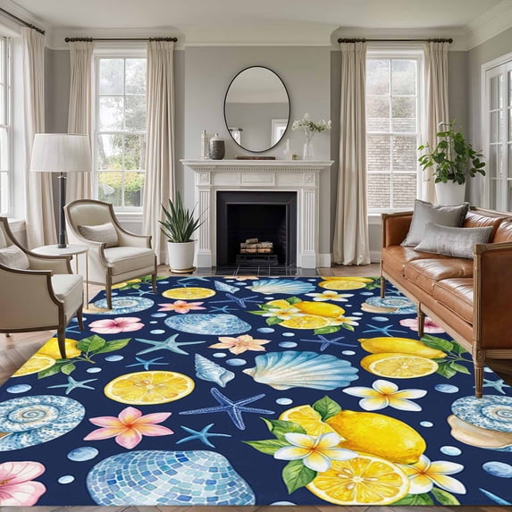 Coastal Area Rugs 6'x9', Washable Small Throw Rugs for Kitchen Dining room, Summer Lemon Flower Shell Starfish Blue Indoor Outdoor Rug Non-Slip Low Pile Carpet Runner Reversible Floor Mats