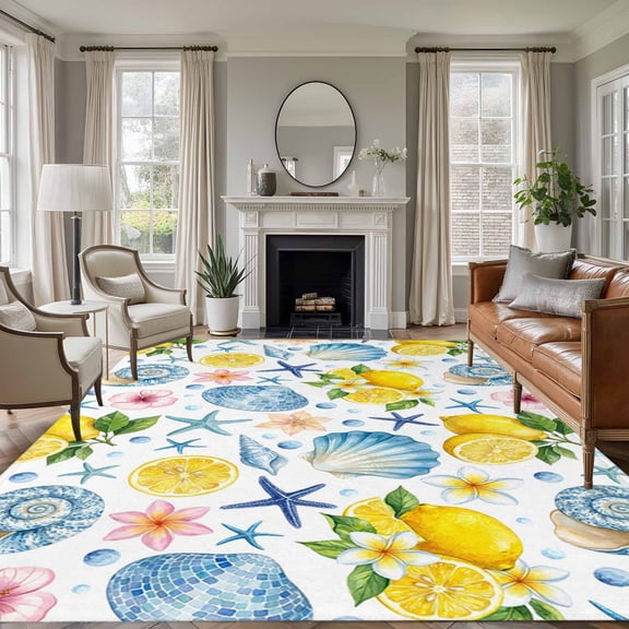 Coastal Area Rugs 6'x9', Washable Small Throw Rugs for Kitchen Dining room, Summer Lemon Flower Shell Starfish Nautical Indoor Outdoor Rug Non-Slip Low Pile Carpet Runner Reversible Floor Mats
