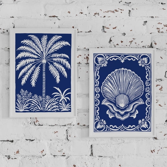Coastal Art Prints Navy Blue Palm Tree Seashell Set 2 Unframed Paper Print 20x30
