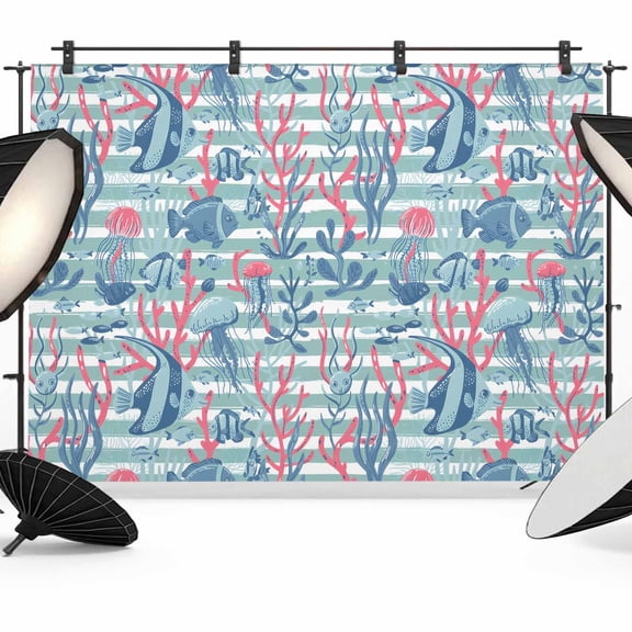 Coastal Backdrop for Photoshoot,Photography Photo Studio Background Wall Backdrop,Summer Coral Tropical Jellyfish Stripe Fish Back Drop Banner Panel for Portraits Wedding Party Live Streaming 8x6Ft