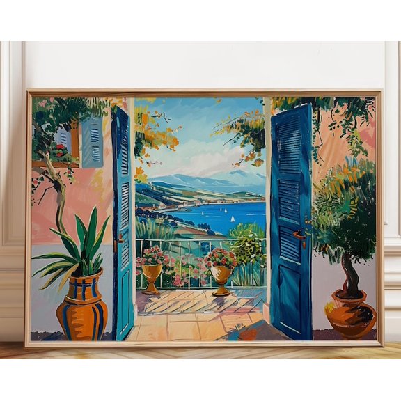 Coastal Balcony Mediterranean View Wall Art Print, Unframed Paper Poster 8x10in