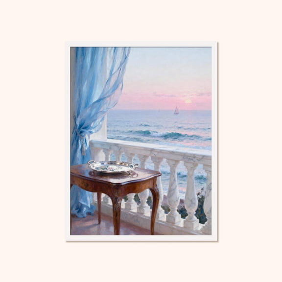 Coastal Balcony View, Riviera Old Money Wall Art, Unframed Canvas Size 12x18