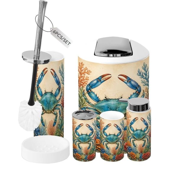 Coastal Bathroom Accessory Set 6 Piece Nautical Crab Coral Vintage Rustic Trash can, Toothbrush Holder, Toothbrush Cup, Soap Dispenser, Soap Dish, Toilet Brush Holder