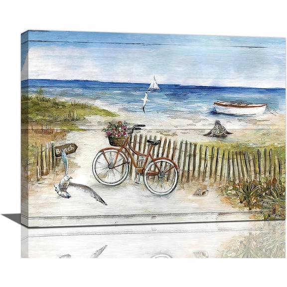 Coastal Bathroom Decor Wall Art Nautical Boat Seagull Bicycle Pictures Ocean Canvas Prints Painting Framed Artwork for Living Room Bedroom 16''''x12''''