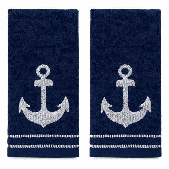 Serafina Home Coastal Bathroom Fingertip Towels – Set of 2 Navy Blue 100% Cotton Embroidered Anchor Design – 12 x 18” Bath & Kitchen Decor