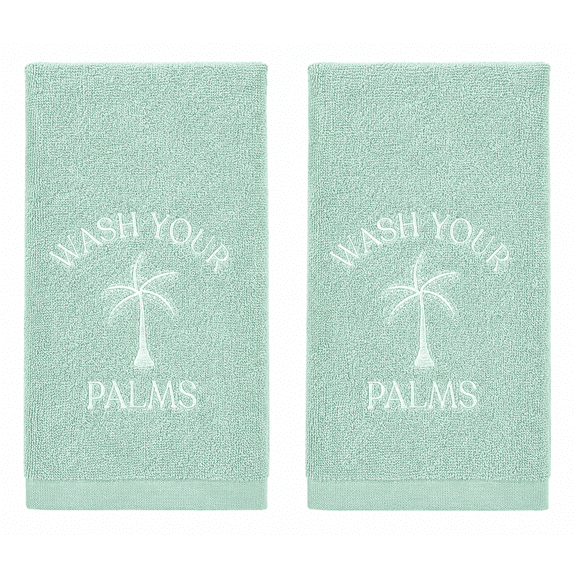 Serafina Home Coastal Bathroom Hand Towels – Set of 2 Light Green 100% Cotton Embroidered 'Wash Your Palms' Palm Tree Design – 25 x 16” Decorative Bath & Kitchen Towels